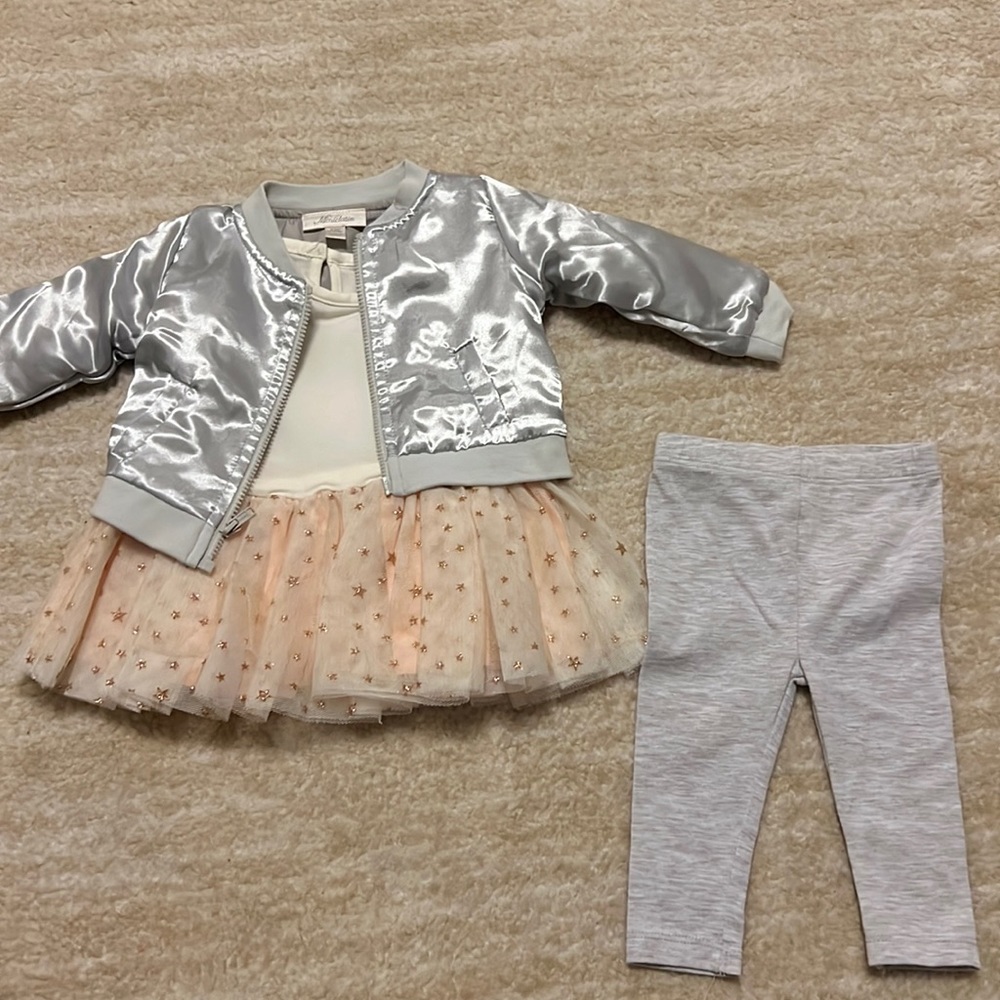 NWOT Miniclasix Silver Satiny jacket with matching shirt with tutu and pants